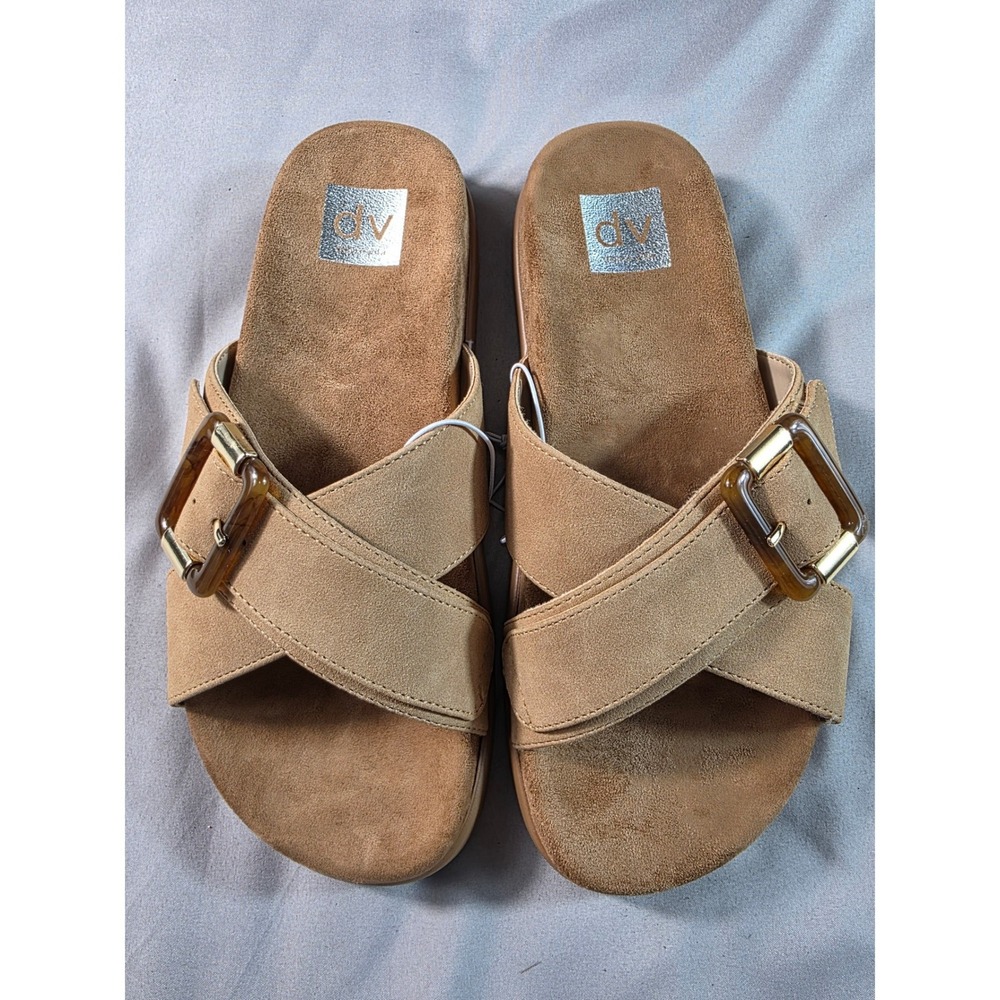 DV Dolce Vita Usha Buckle Slide Women 8 Tan Faux Suede Cross Strap Sandals NEW
